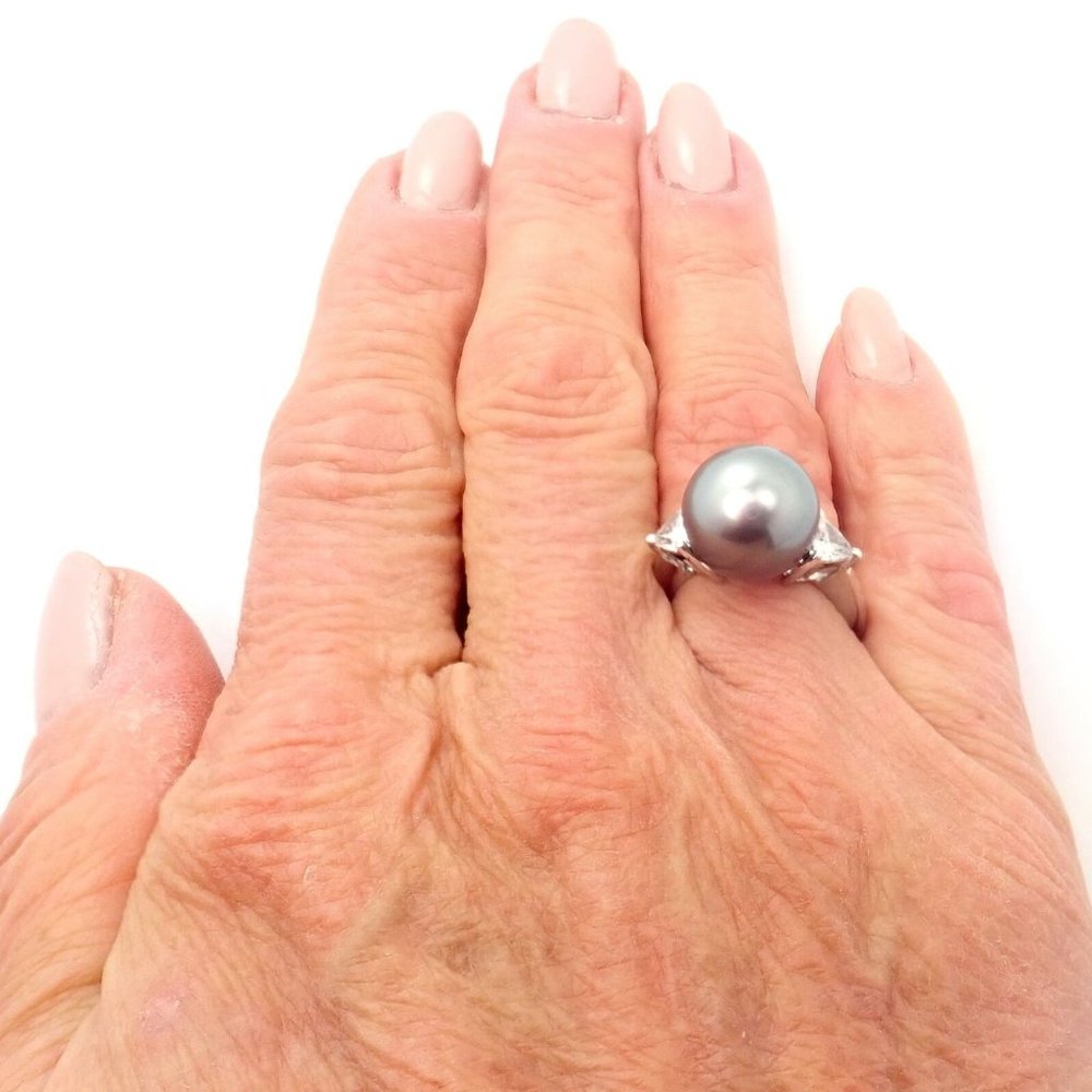 Rare! Mikimoto Platinum .5ctw Diamond 12mm Tahitian South Sea Pearl Heart Ring - Picture 7 of 10